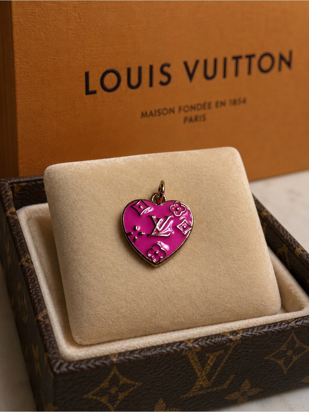 Louis Vuitton stamped Pink Heart Charm Pendant - Iconic Monogram Accent